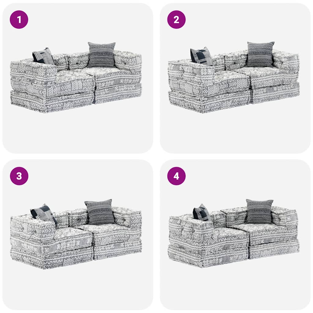 2-Seater Modular Pouffe Light Grey Fabric