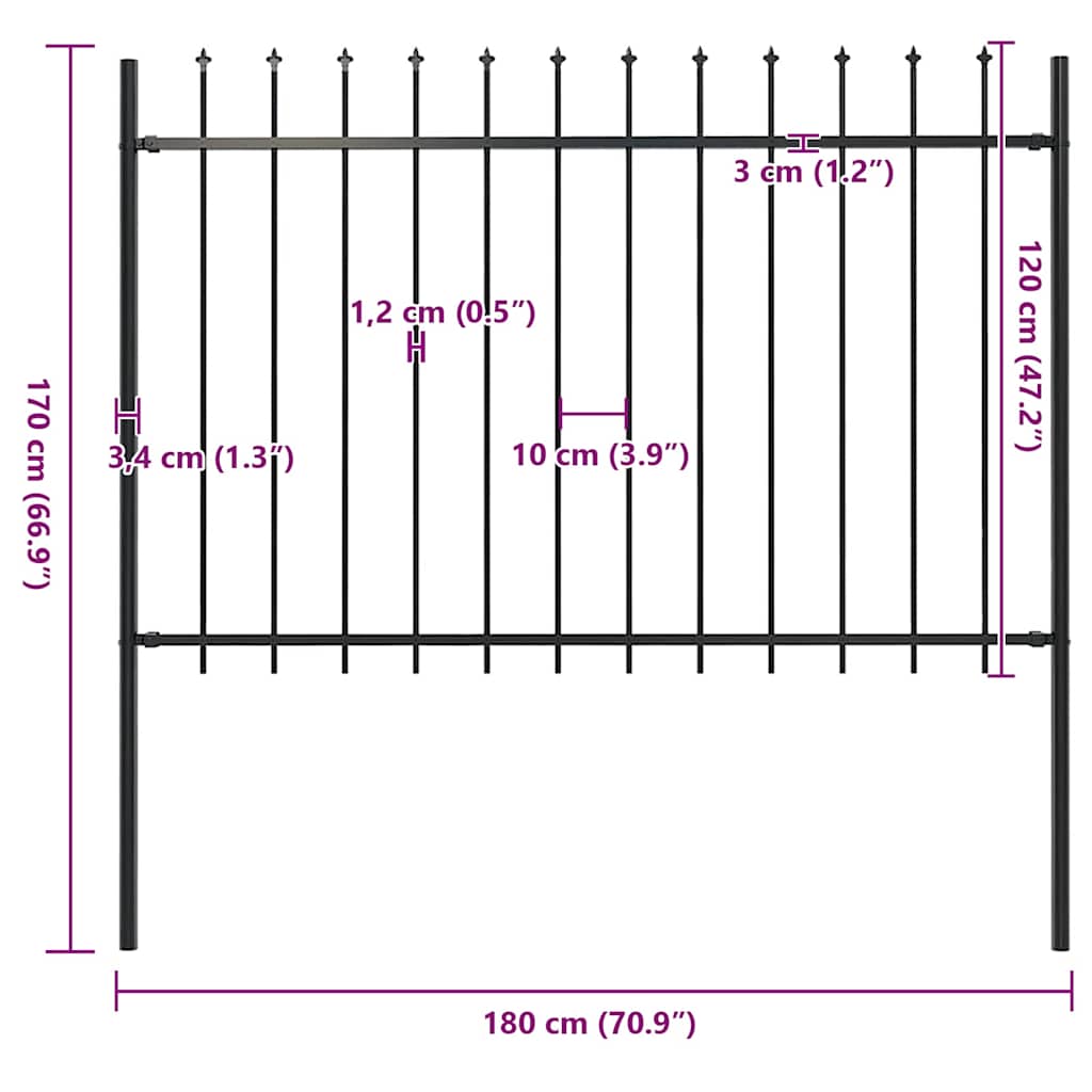 Garden Fence with Spear Top Steel 181x120 cm Black
