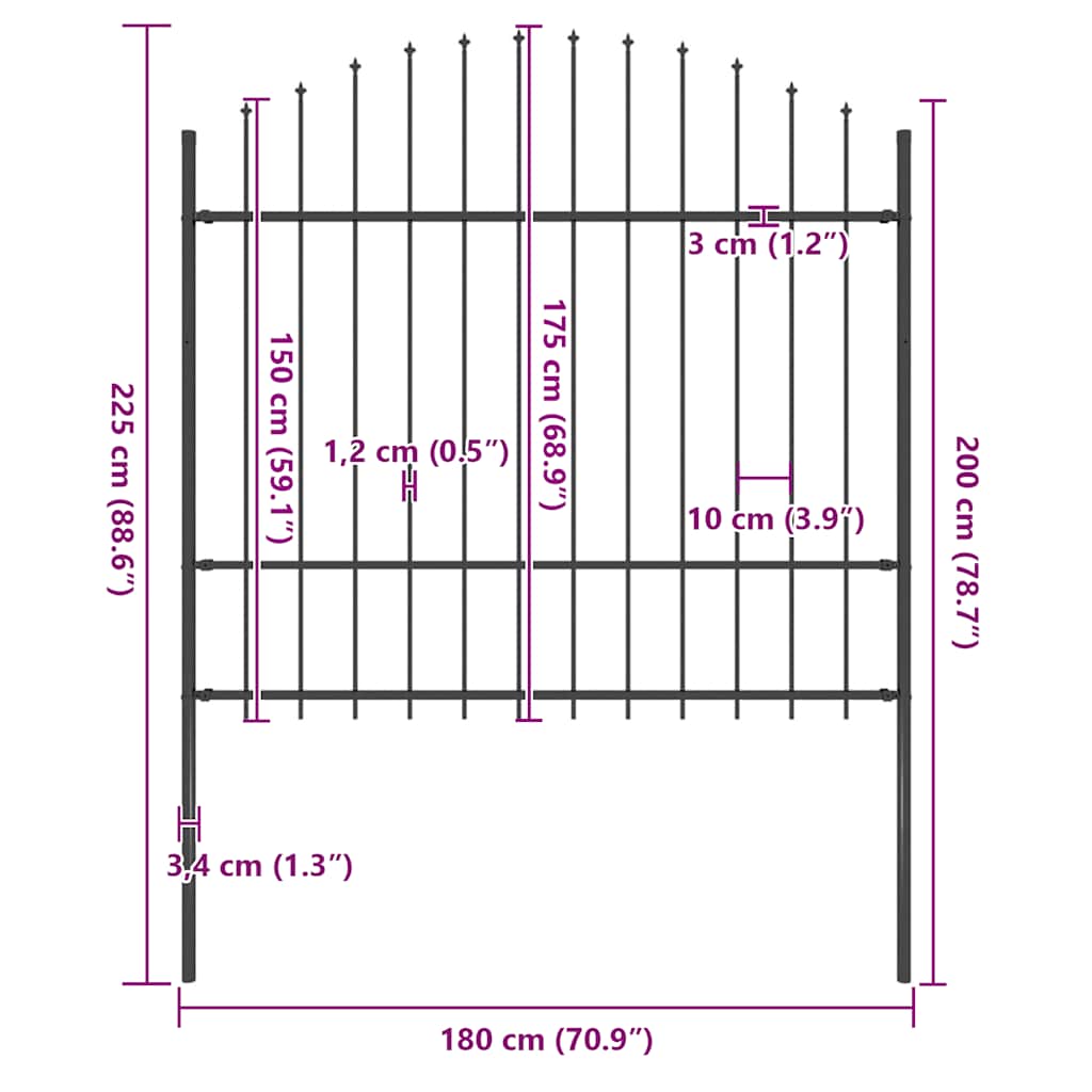 Garden Fence with Spear Top Steel 181x175 cm Black