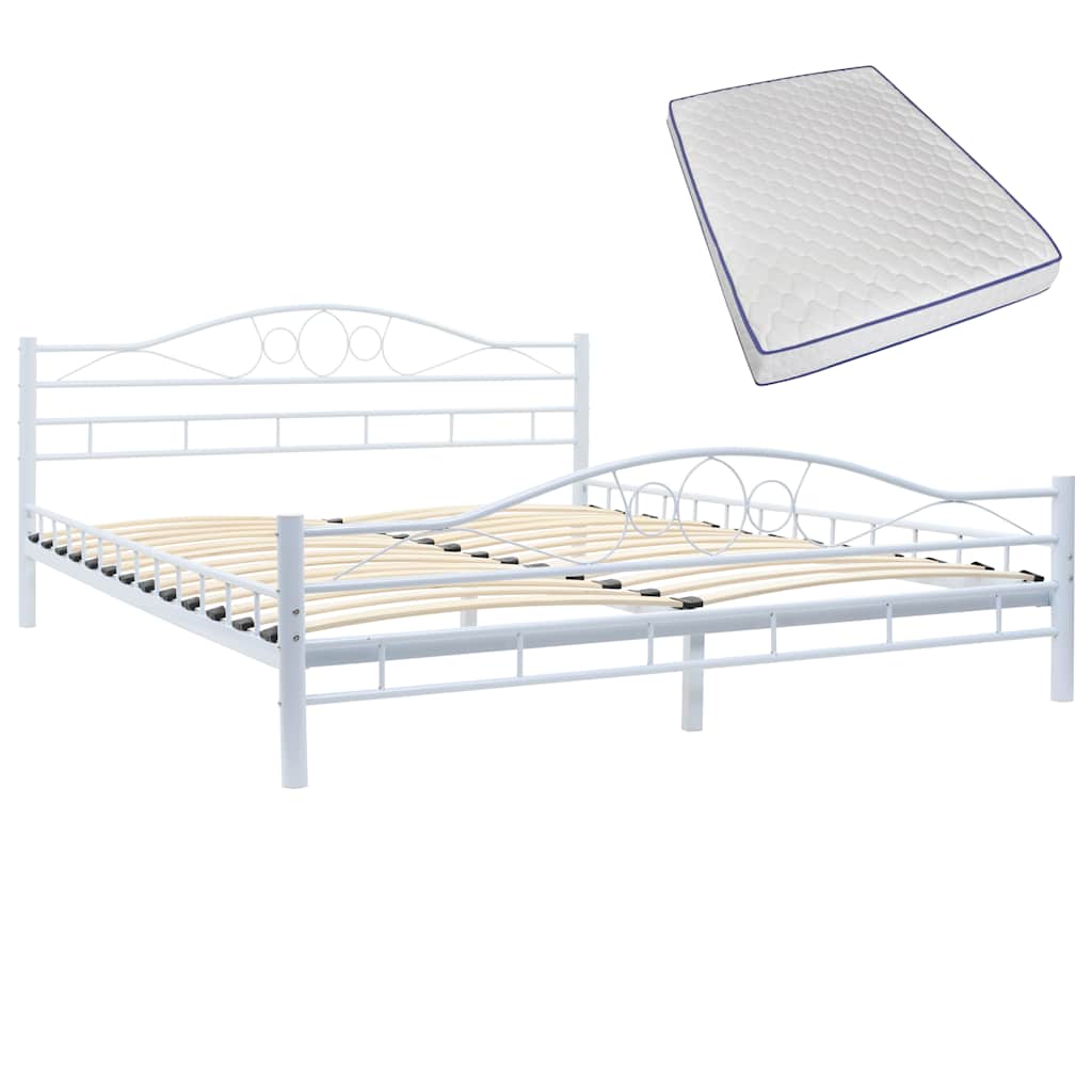 Bed with Memory Foam Mattress White Metal 153x203 cm Queen