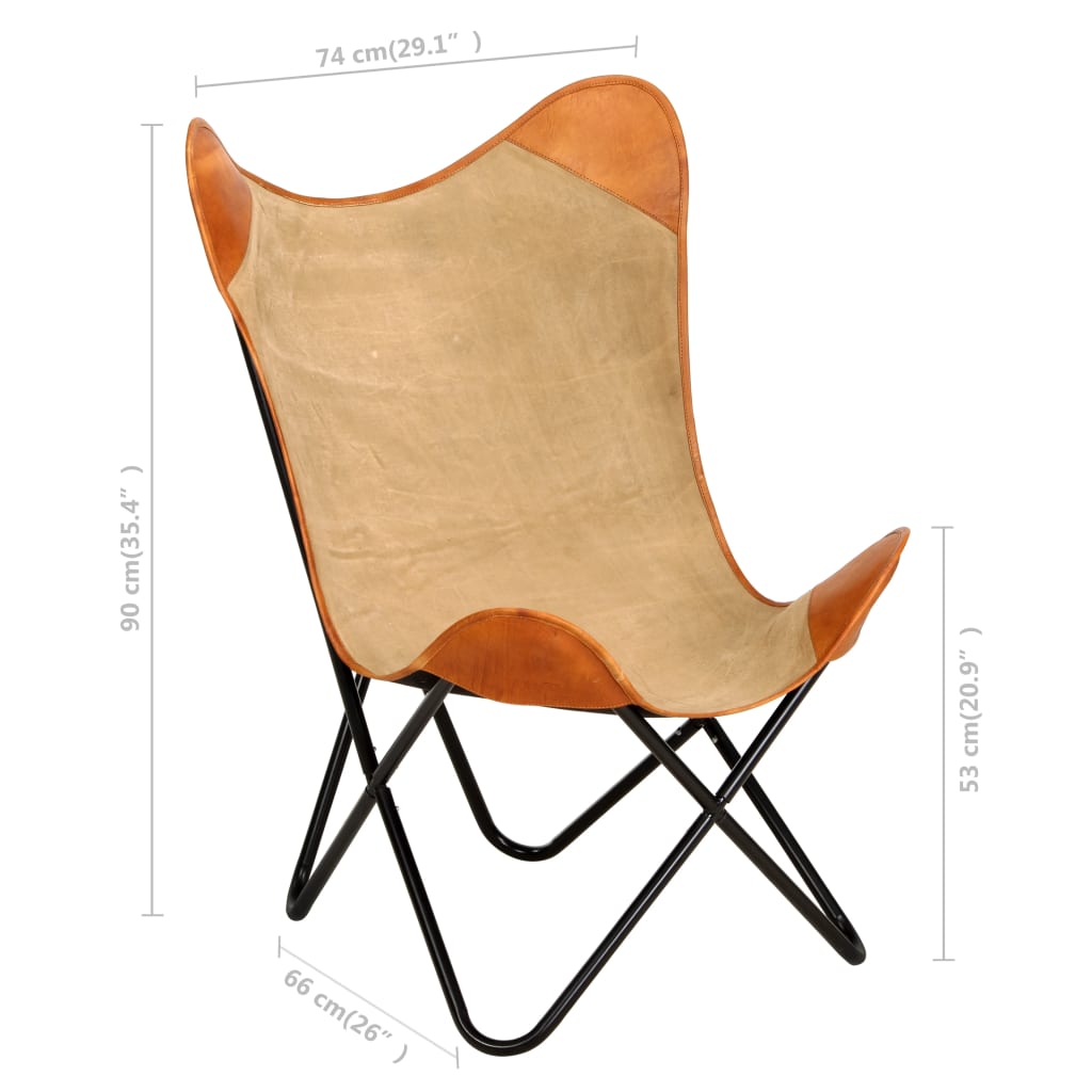 Butterfly Chair Brown Real Leather and Canvas