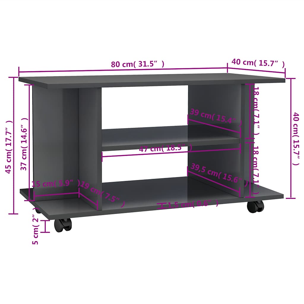TV Cabinet with Castors High Gloss Grey 80x40x45 cm Engineered Wood