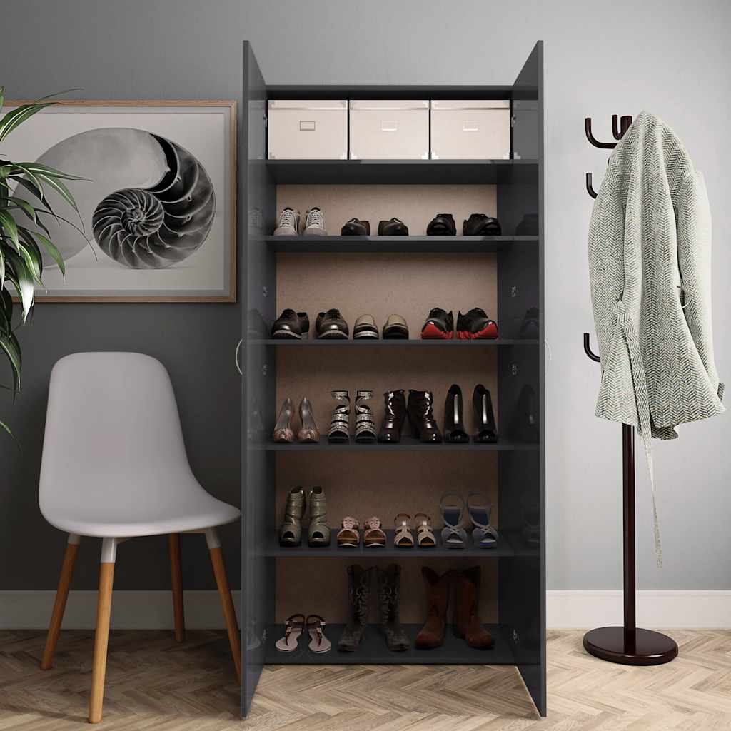 Shoe Cabinet High Gloss Grey 80x35.5x180 cm Engineered Wood