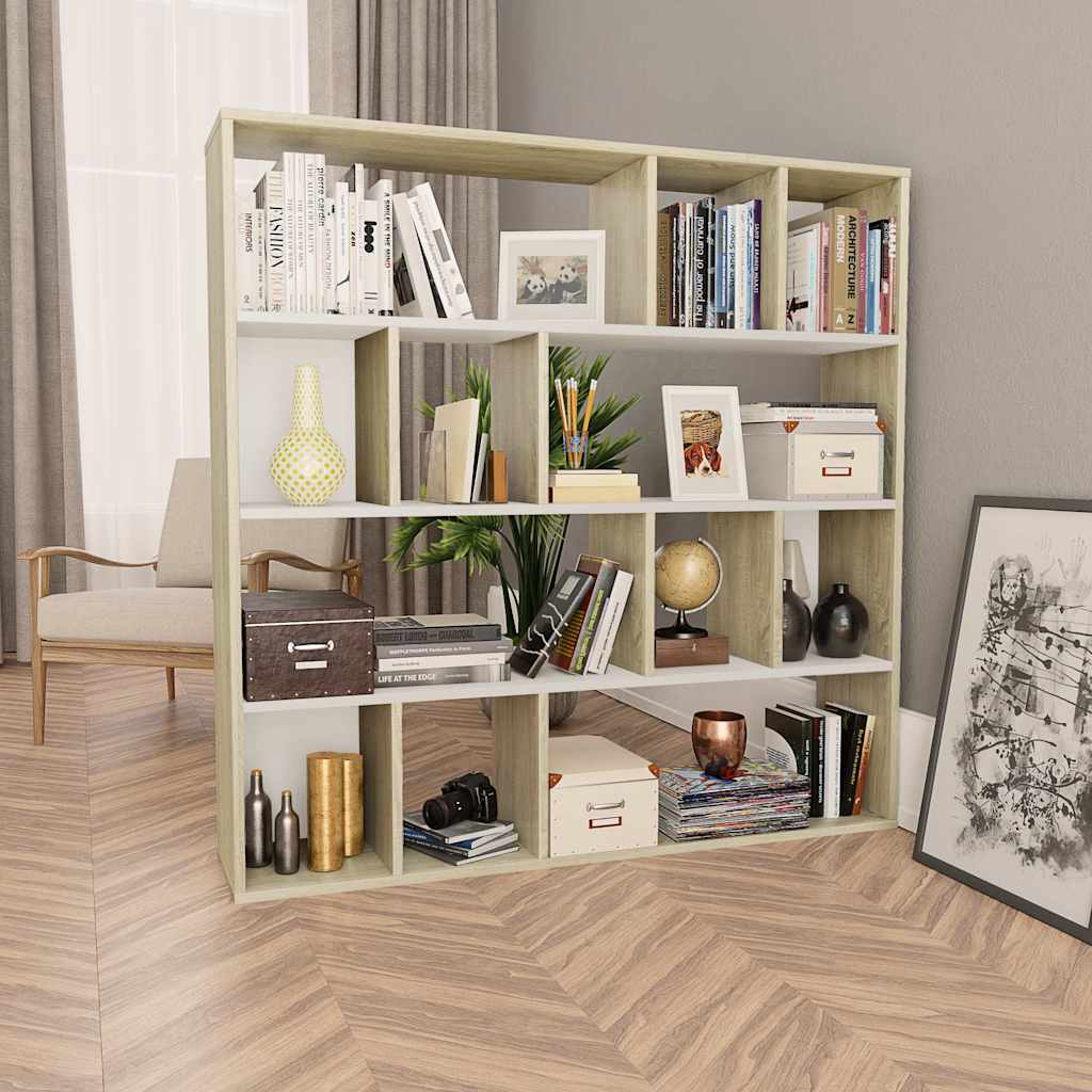Room Divider/Book Cabinet White and Sonoma Oak 110x24x110 cm Engineered Wood