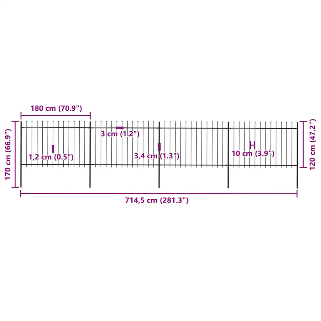 Garden Fence with Spear Top Steel 714.5x120 cm Black