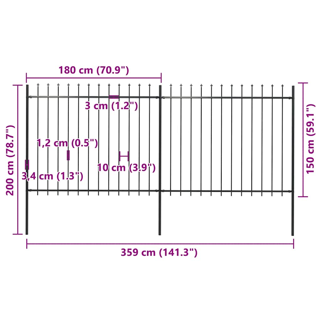 Garden Fence with Spear Top Steel 359x150 cm Black