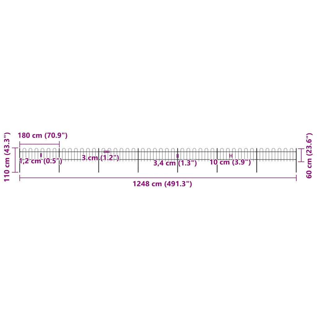 Garden Fence with Hoop Top Steel 1248x60 cm Black