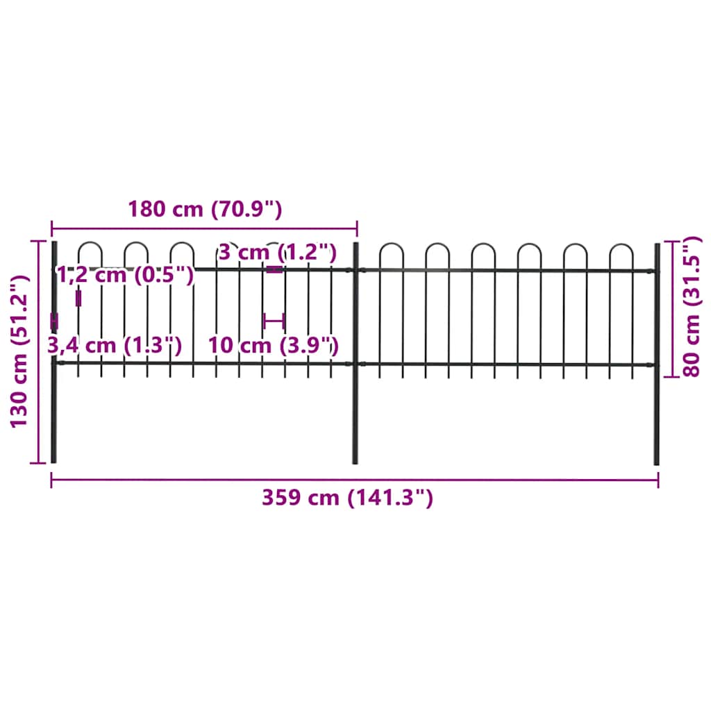 Garden Fence with Hoop Top Steel 359x80 cm Black