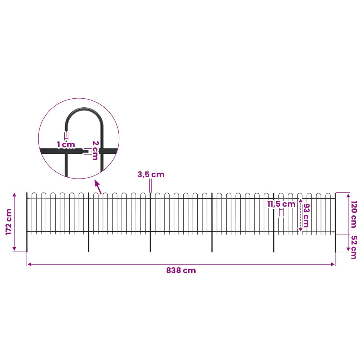 Garden Fence with Hoop Top Steel 838x120 cm Black