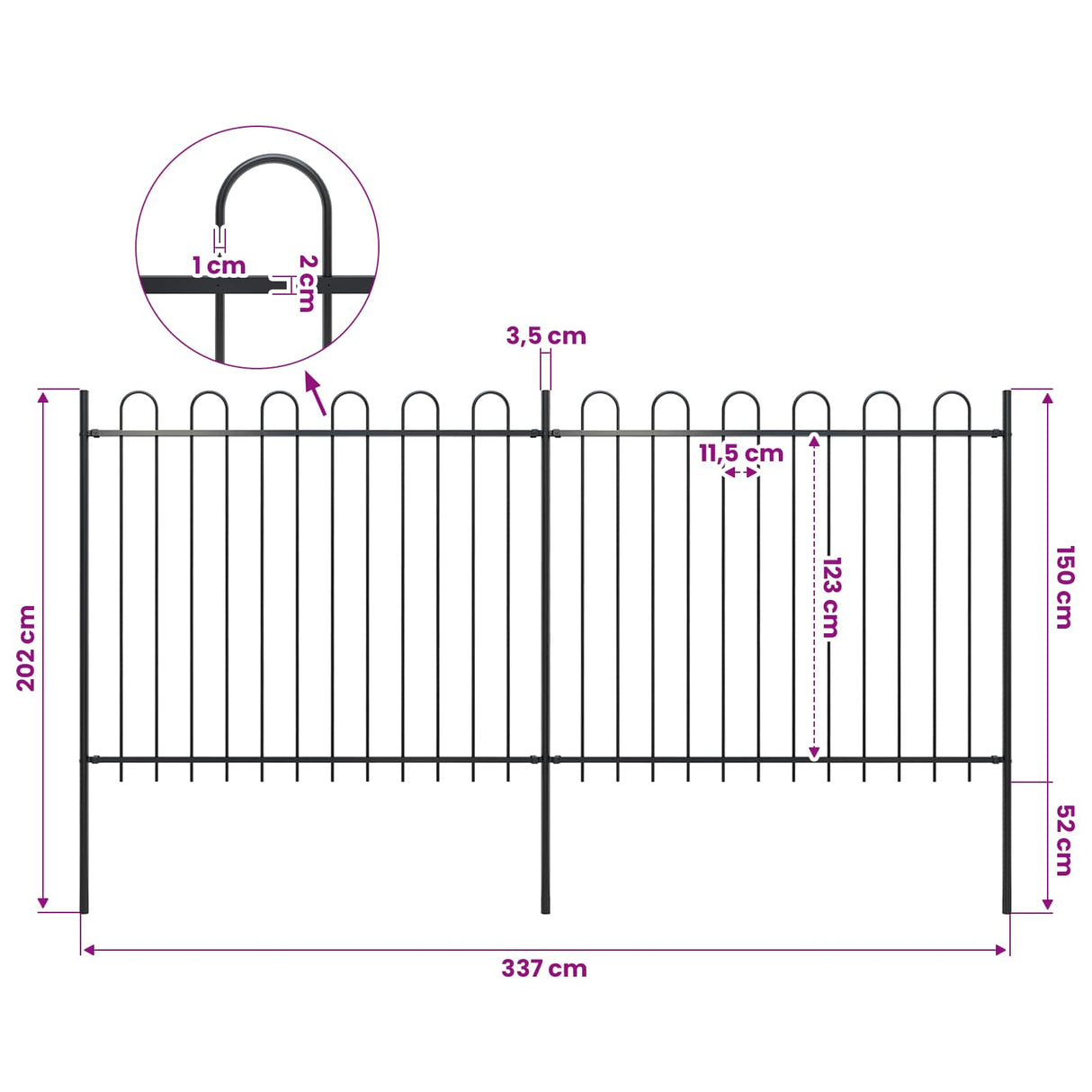 Garden Fence with Hoop Top Steel 337x150 cm Black