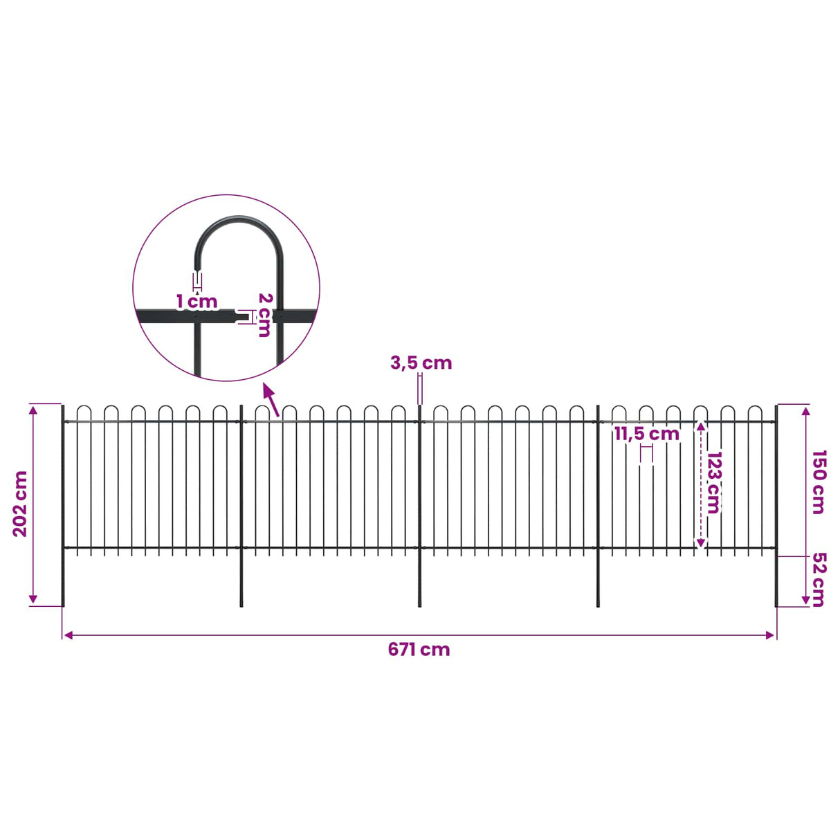 Garden Fence with Hoop Top Steel 671x150 cm Black