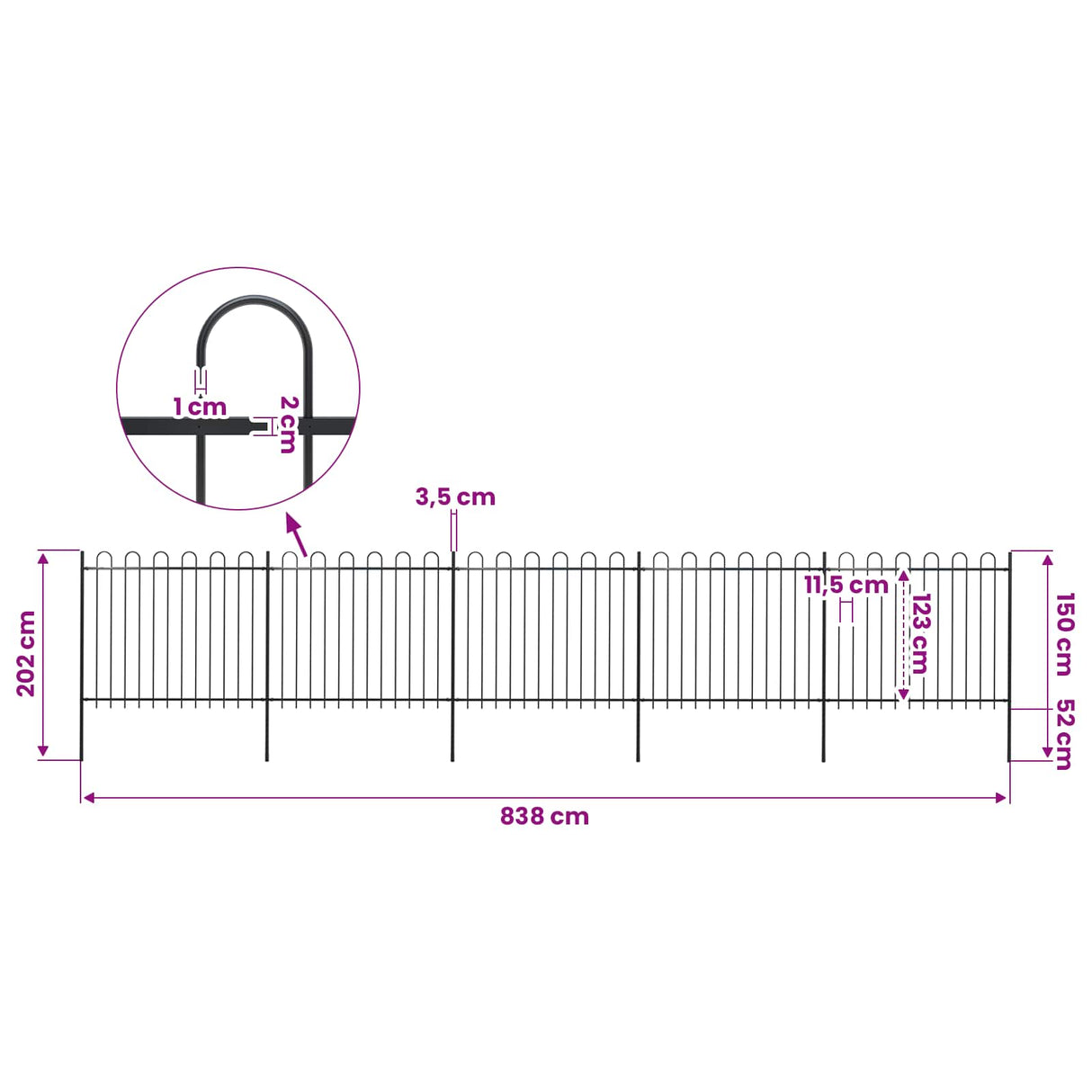 Garden Fence with Hoop Top Steel 838x150 cm Black