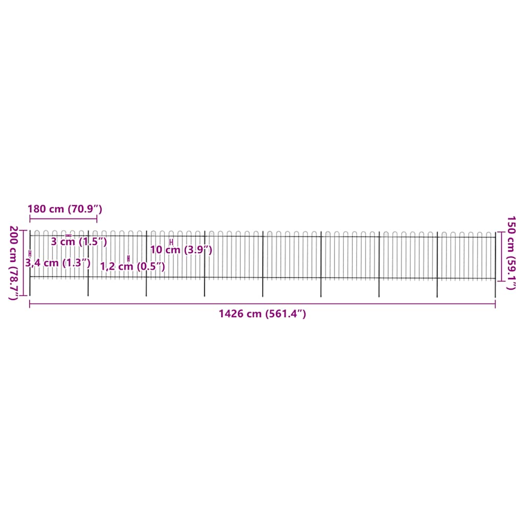 Garden Fence with Hoop Top Steel 1426x150 cm Black (8x144932)