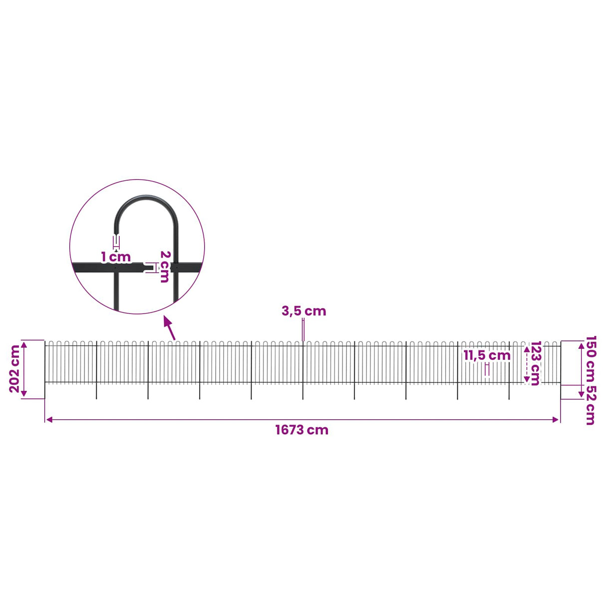 Garden Fence with Hoop Top Steel 1673x150 cm Black