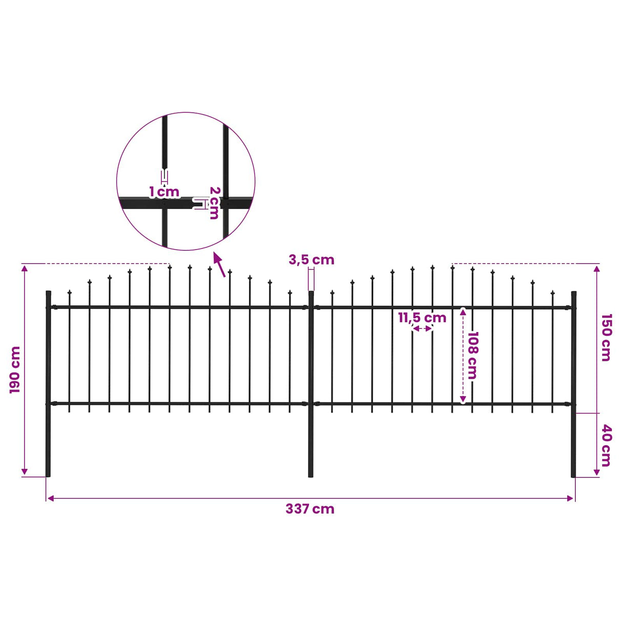 Garden Fence with Spear Top Steel 337x150 cm Black