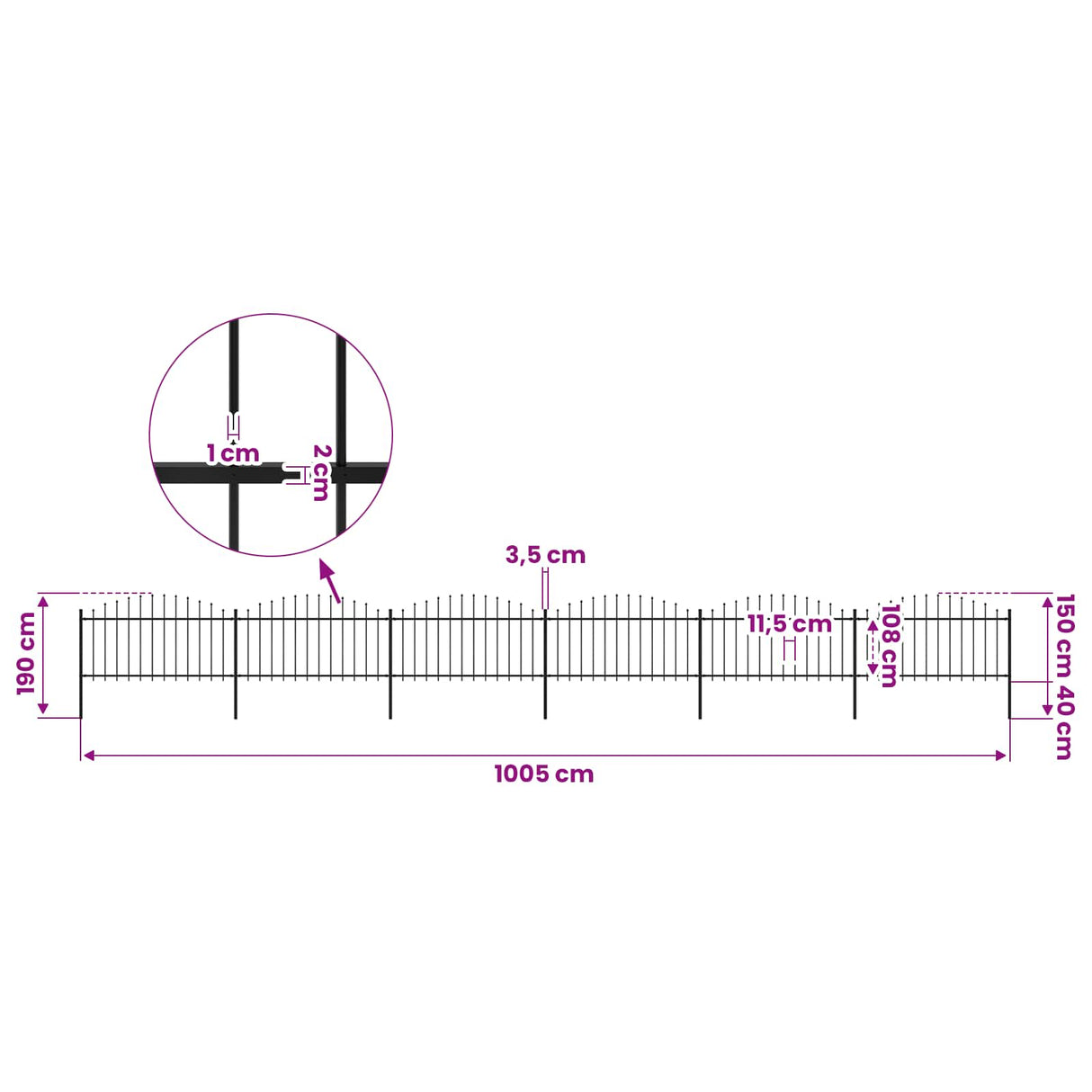 Garden Fence with Spear Top Steel 1005x150 cm Black
