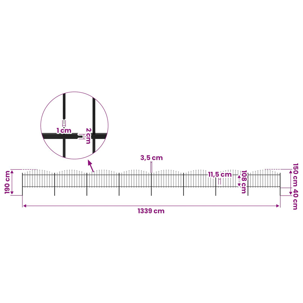 Garden Fence with Spear Top Steel 1339x150 cm Black