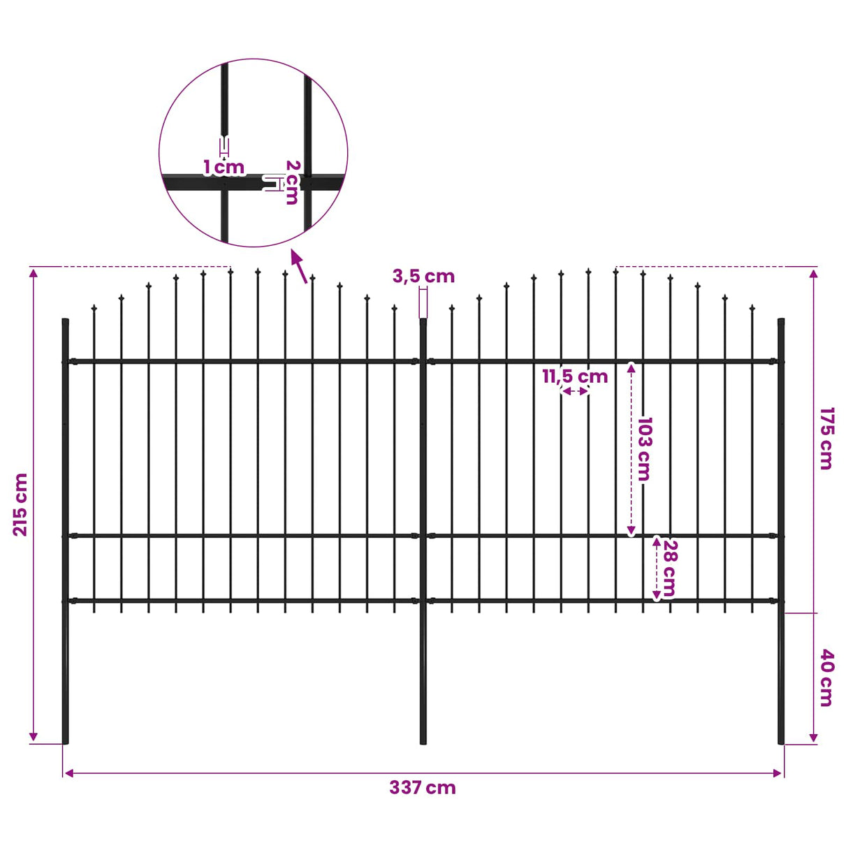 Garden Fence with Spear Top Steel 337x175 cm Black