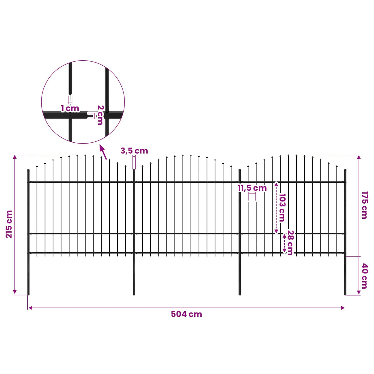 Garden Fence with Spear Top Steel 504x175 cm Black