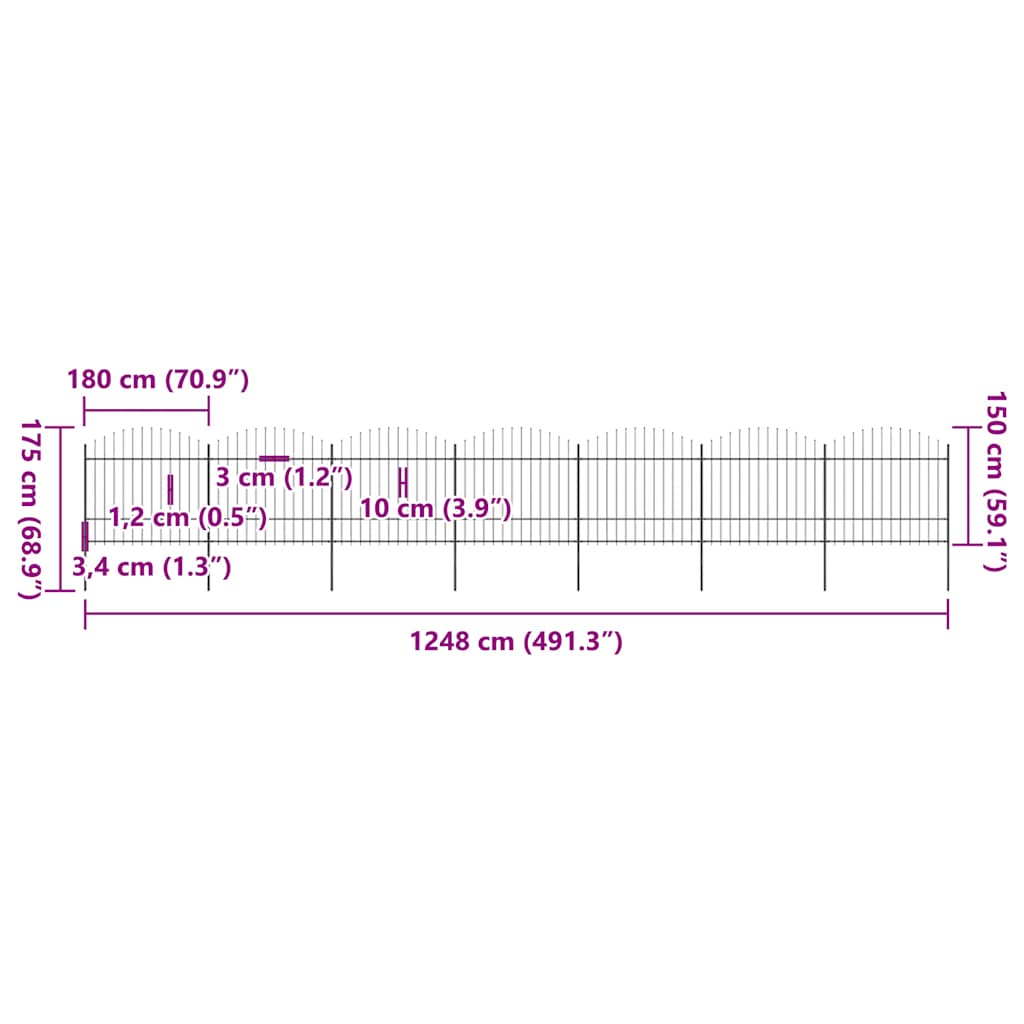 Garden Fence with Spear Top Steel 1248x175 cm Black (7x144944)
