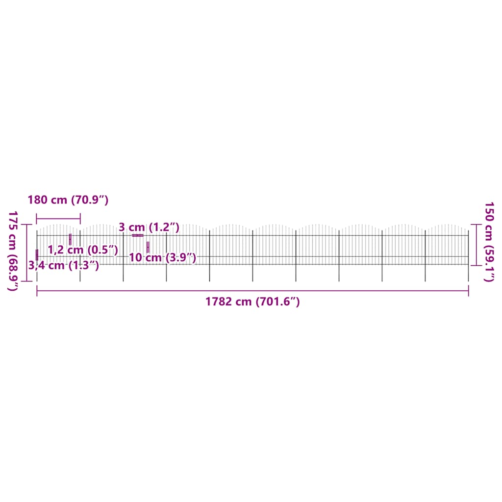 Garden Fence with Spear Top Steel 1781,5x175 cm Black (10x144944)
