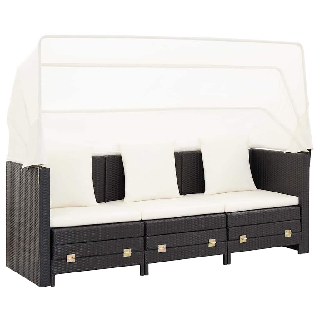 Extendable 3-Seater Sofa Bed with Roof Poly Rattan Black