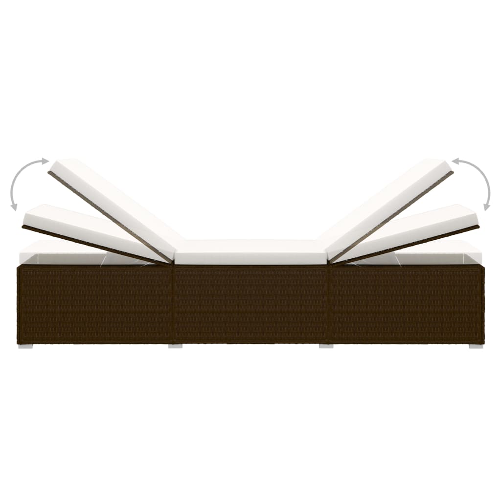 Sun Lounger with Cushion and Tea Table Poly Rattan Brown