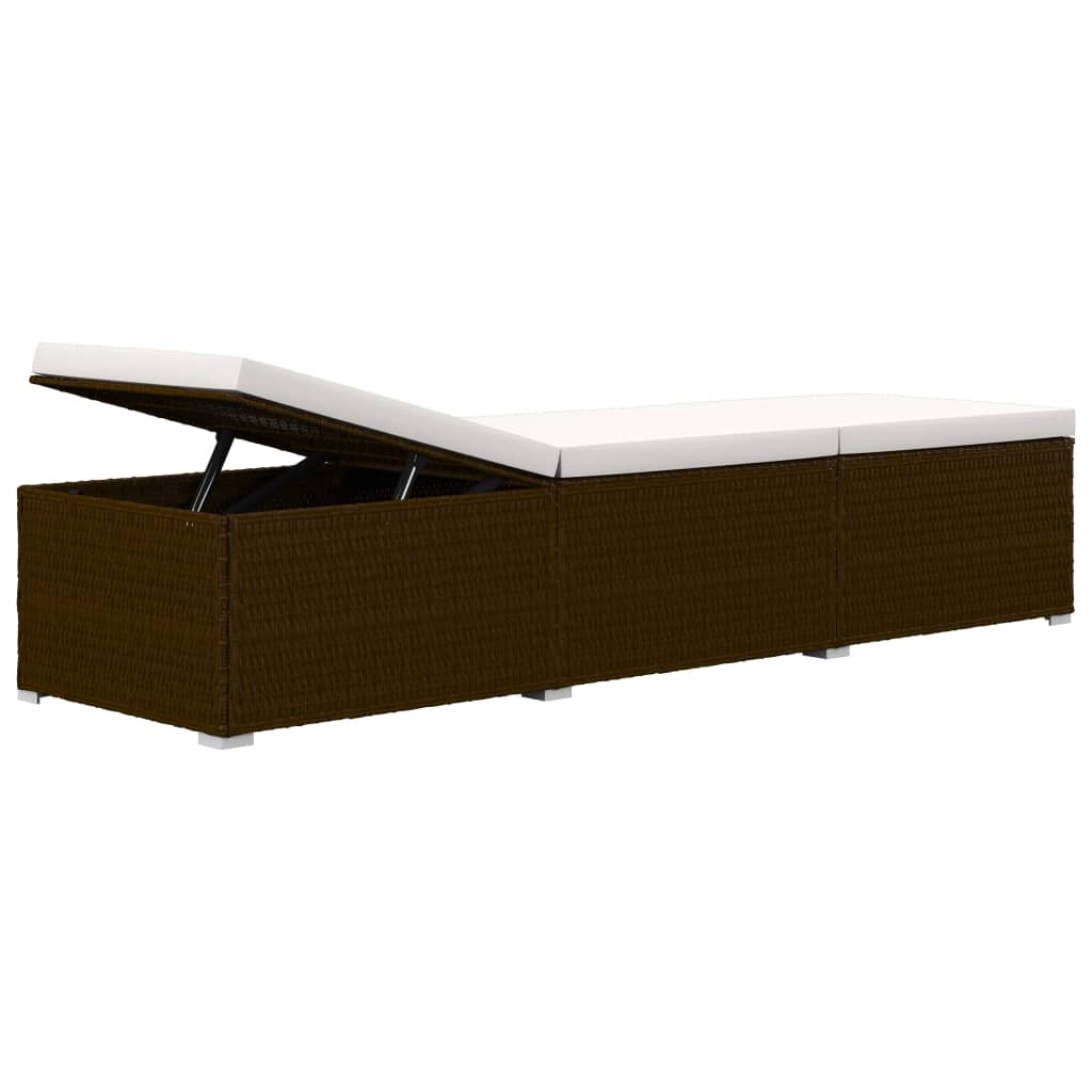 Sun Lounger with Cushion and Tea Table Poly Rattan Brown
