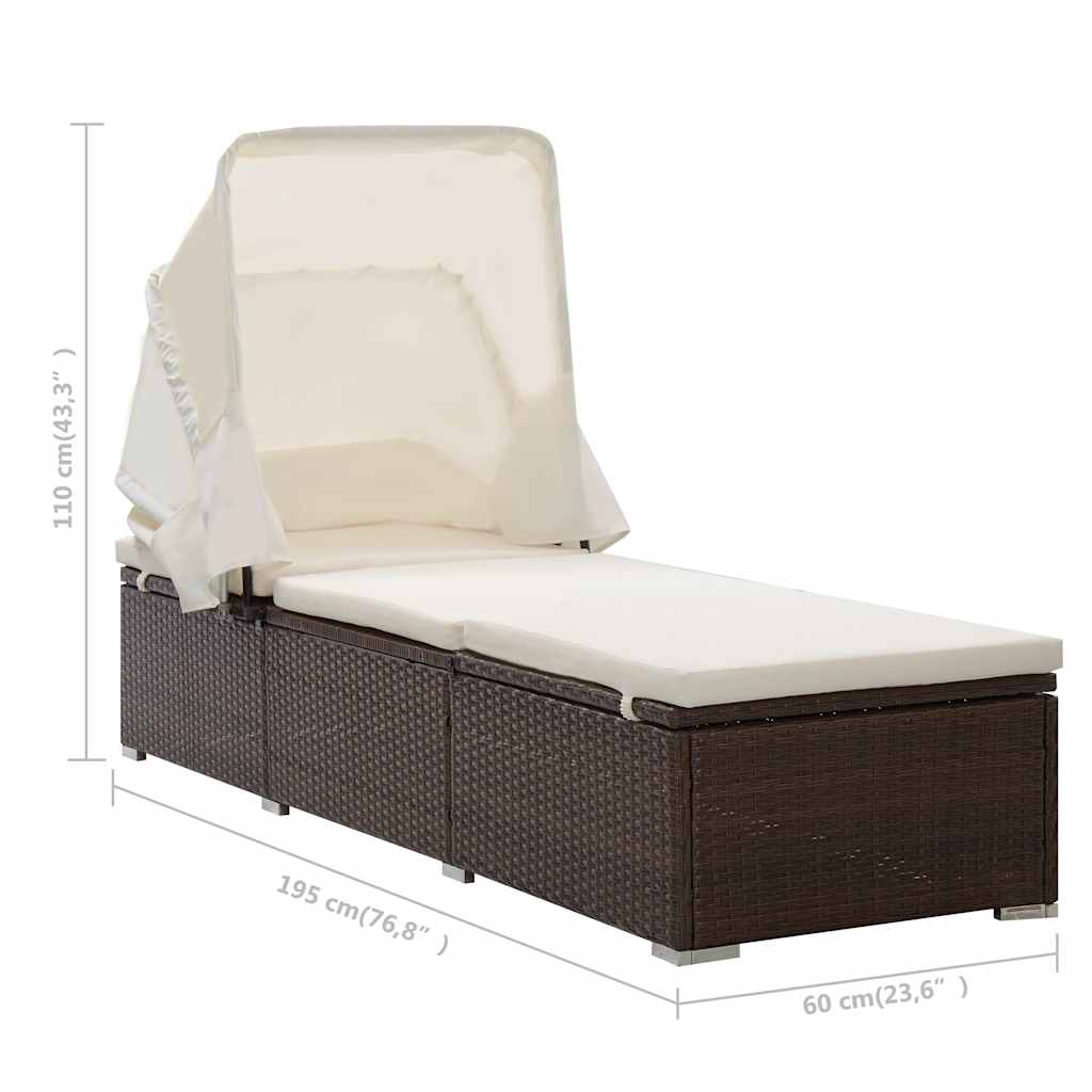 Sun Lounger with Canopy and Cushion Poly Rattan Brown