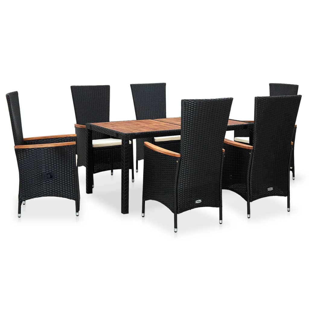 7 Piece Outdoor Dining Set Poly Rattan Acacia Wood Black