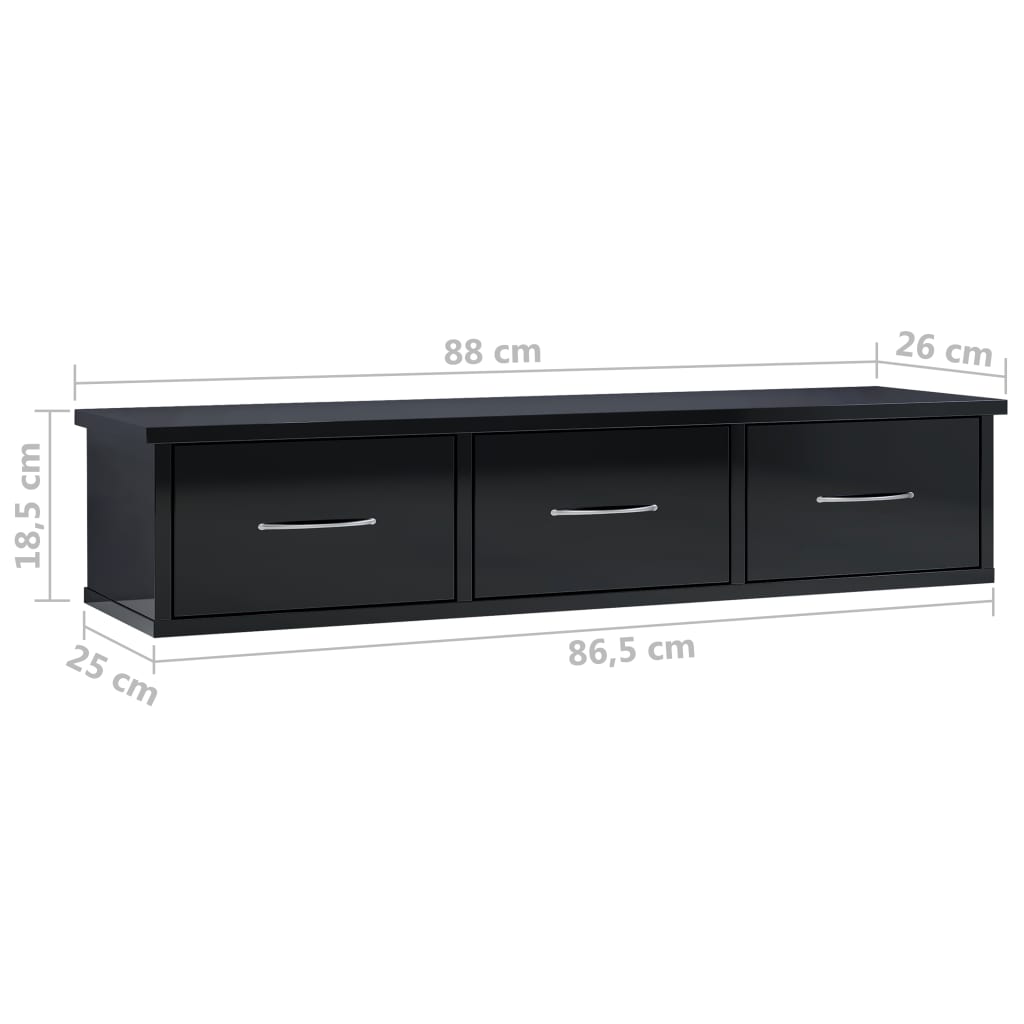 Wall-mounted Drawer Shelf High Gloss Black 88x26x18.5 cm Engineered Wood