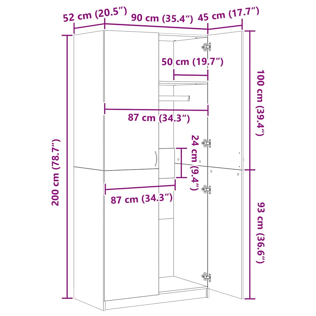 Wardrobe High Gloss Black 90x52x200 cm Engineered Wood
