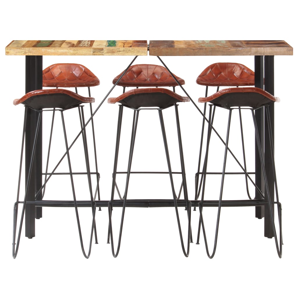 7 Piece Bar Set Solid Wood Reclaimed and Real Leather