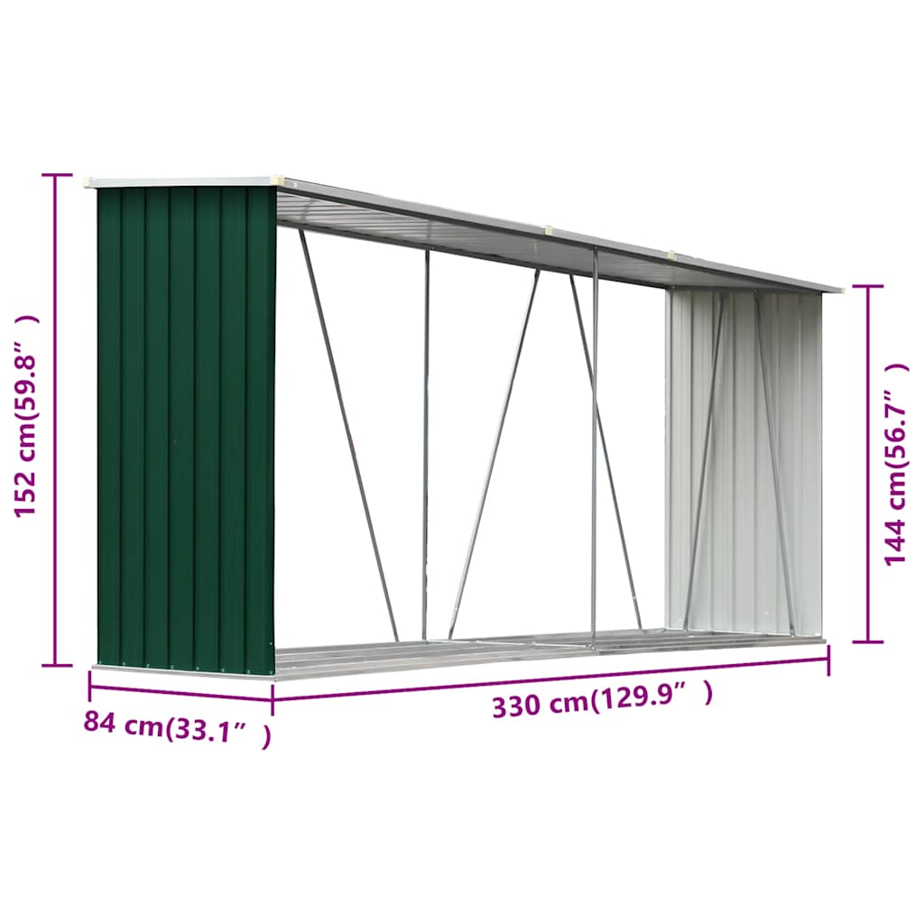 Garden Log Storage Shed Galvanised Steel 330x84x152 cm Green