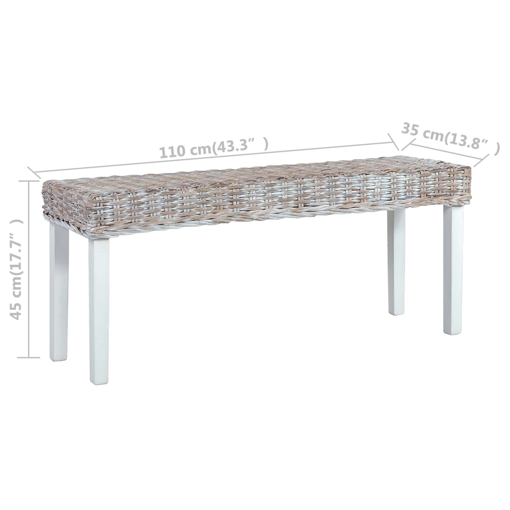 Bench 110 cm White Natural Kubu Rattan and Solid Mahogany Wood