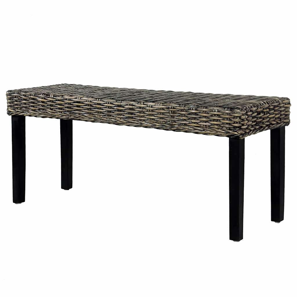 Bench 110 cm Black Natural Kubu Rattan and Solid Mahogany Wood