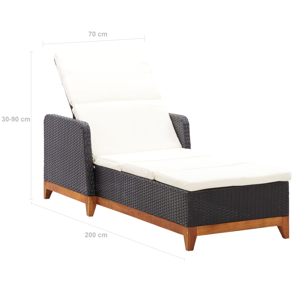 Sun Lounger Poly Rattan and Solid Acacia Wood Black