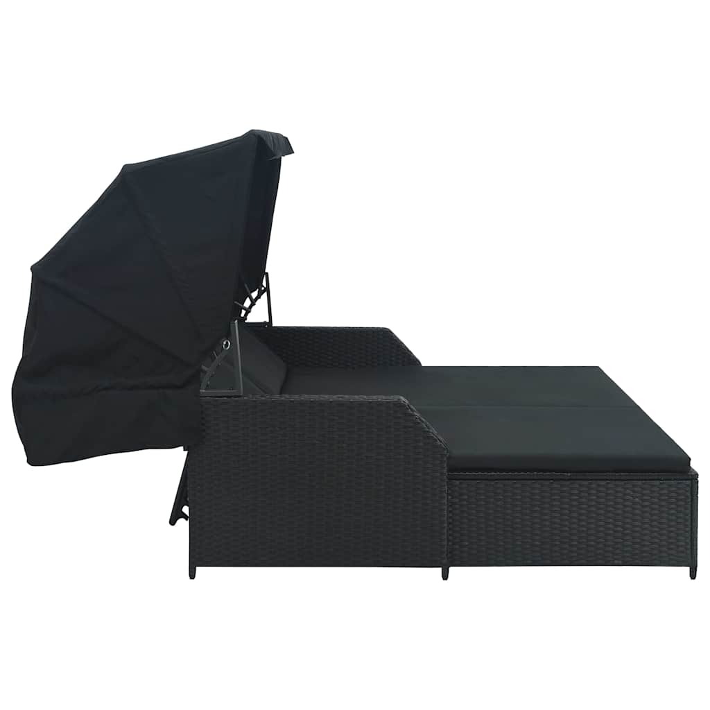 2-Person Sun Lounger with Canopy Poly Rattan Black