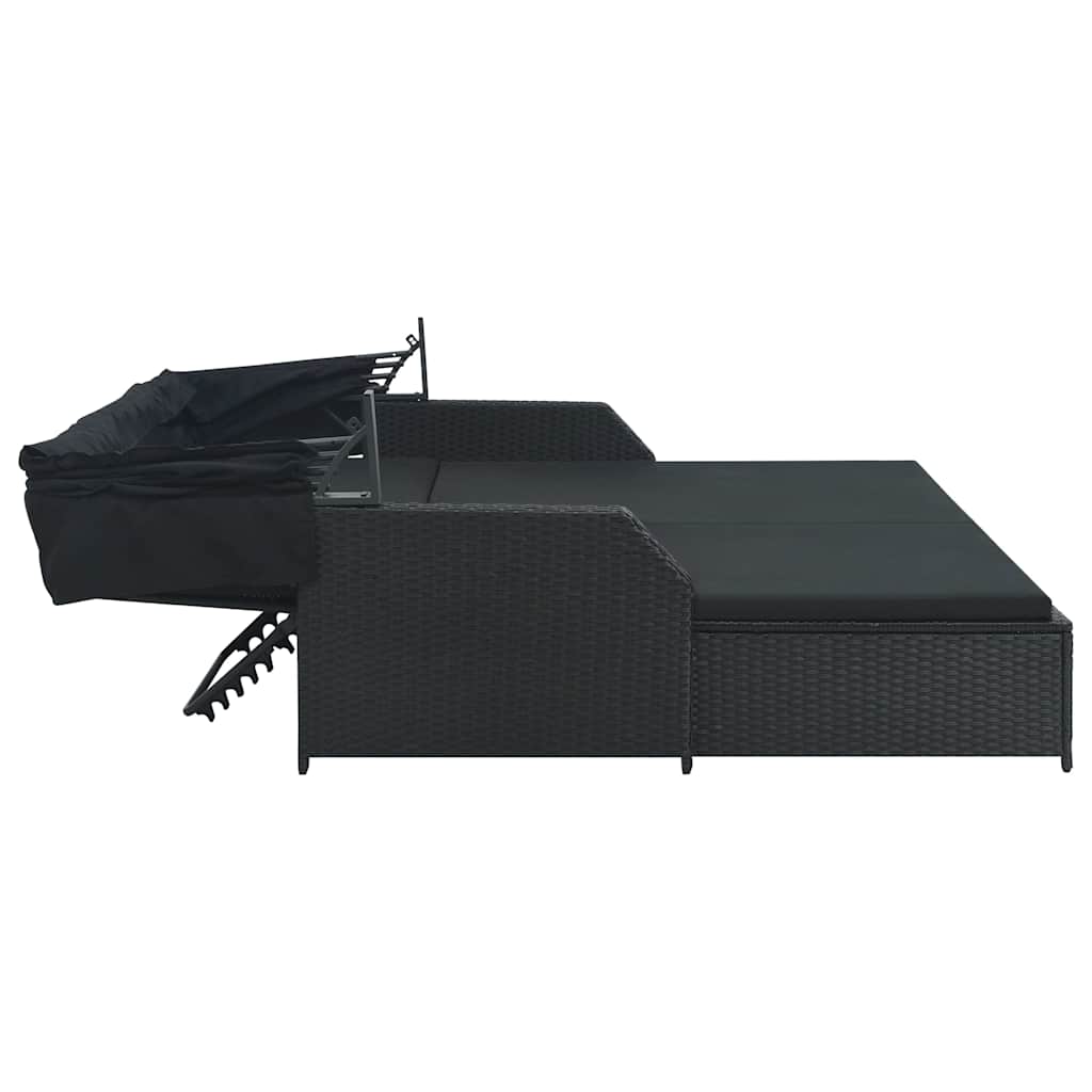 2-Person Sun Lounger with Canopy Poly Rattan Black