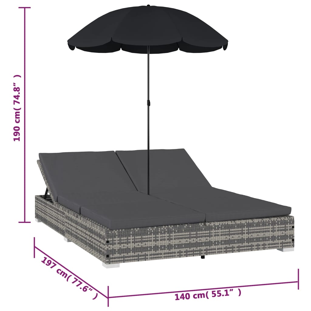 Outdoor Lounge Bed with Umbrella Poly Rattan Grey