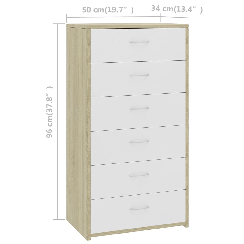 Sideboard with 6 Drawers White and Sonoma Oak 50x34x96 cm Engineered Wood