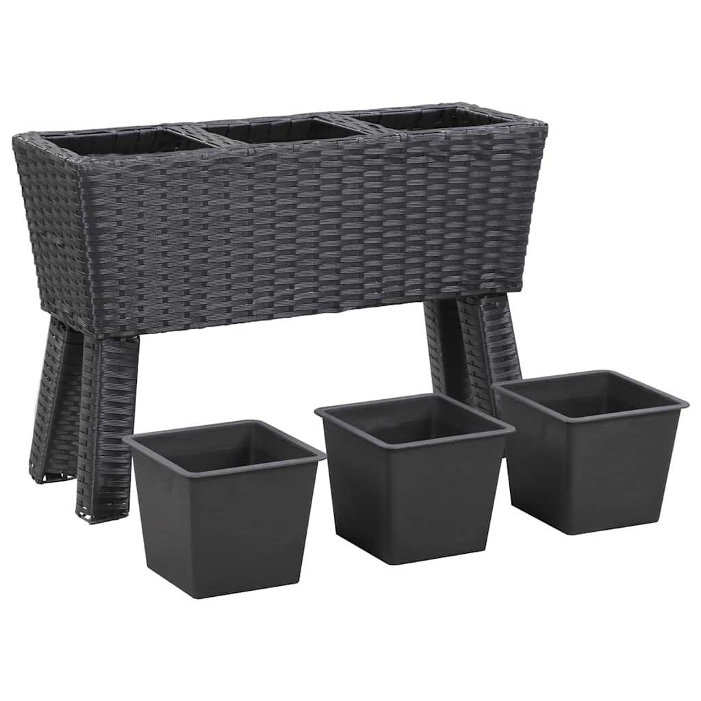 Garden Raised Bed with Legs and 3 Pots 72x25x50 cm Poly Rattan Black