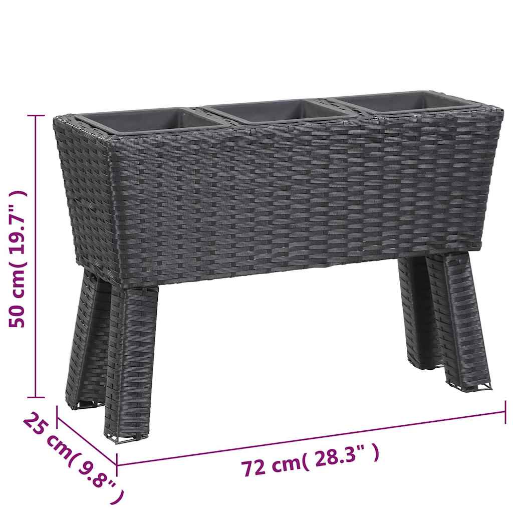 Garden Raised Bed with Legs and 3 Pots 72x25x50 cm Poly Rattan Black