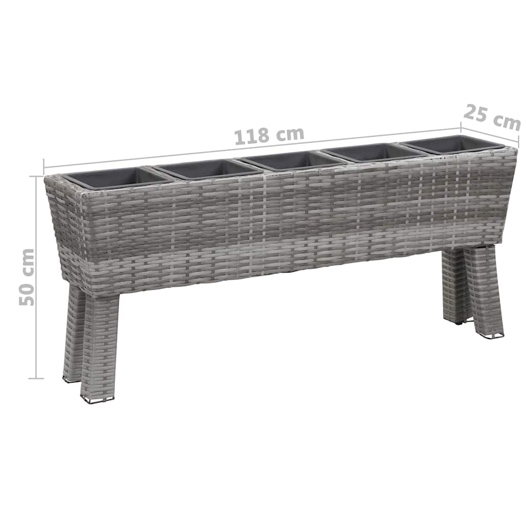 Garden Raised Bed with Legs and 5 Pots 118x25x50 cm Poly Rattan Grey