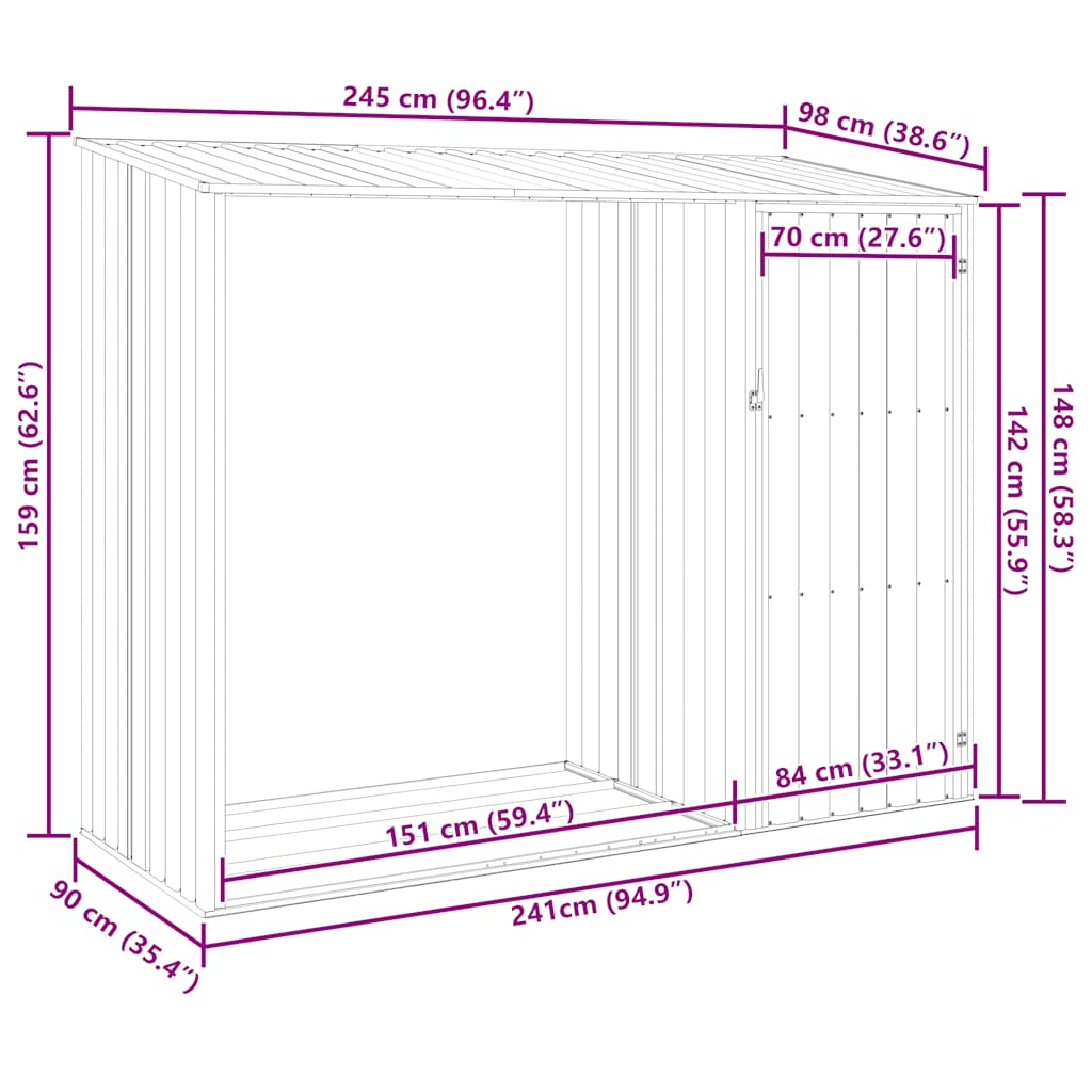 Garden Firewood Shed Green 245x98x159 cm Galvanised Steel