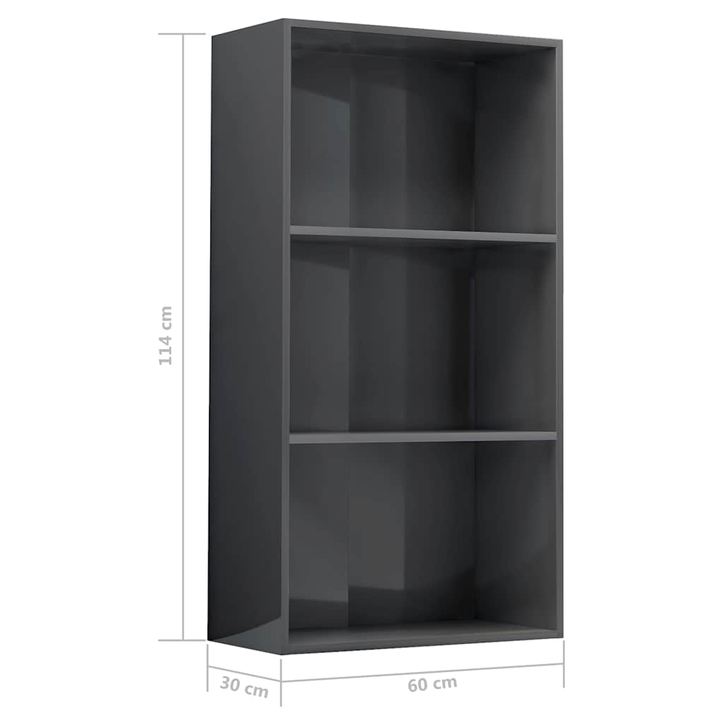 3-Tier Book Cabinet High Gloss Grey 60x30x114 cm Engineered Wood