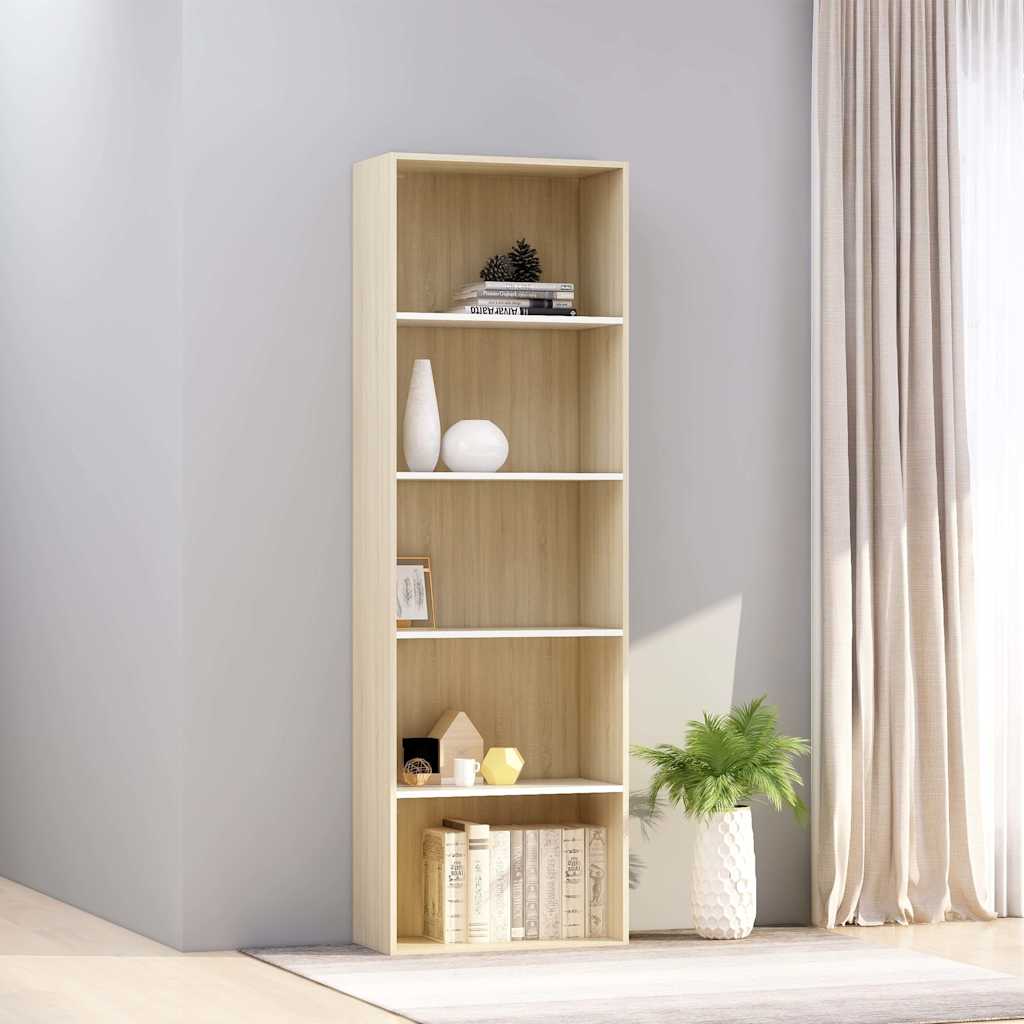 5-Tier Book Cabinet White and Sonoma Oak 60x30x189 cm Engineered Wood