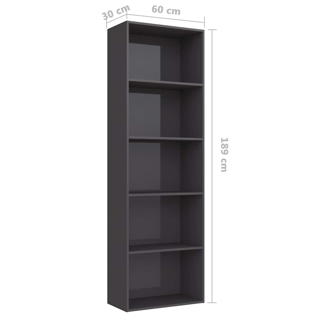 5-Tier Book Cabinet High Gloss Grey 60x30x189 cm Engineered Wood