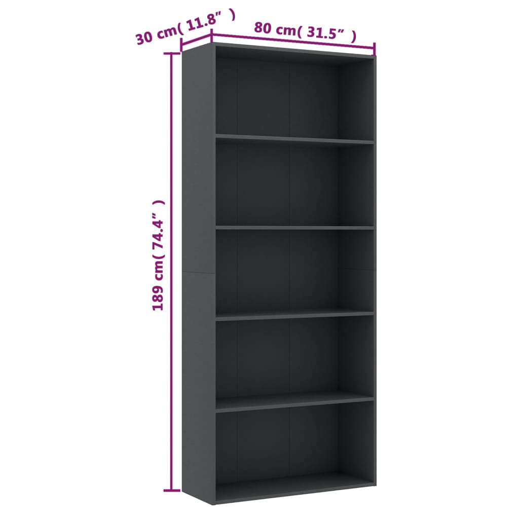 5-Tier Book Cabinet Grey 80x30x189 cm Engineered Wood