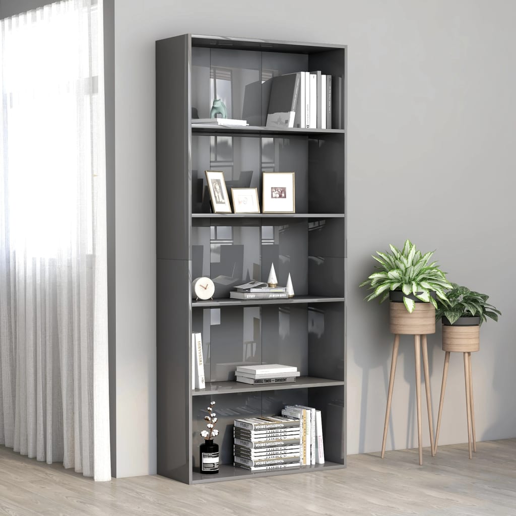 5-Tier Book Cabinet High Gloss Grey 80x30x189 cm Engineered Wood